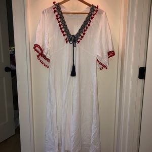Zara White Maxi Dress with Red Pom Trim and Navy Tassel